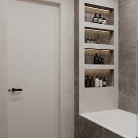 Фотографии ванных комнат. Ода современности. Дизайн и ремонт квартиры 63м2 ЖК Рассказово в современном стиле. Ванная, фото 02.