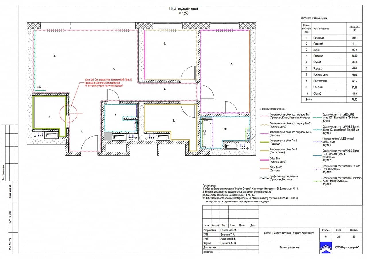 План отделки стен, квартира 80 м² в ЖК «Юнион Парк»