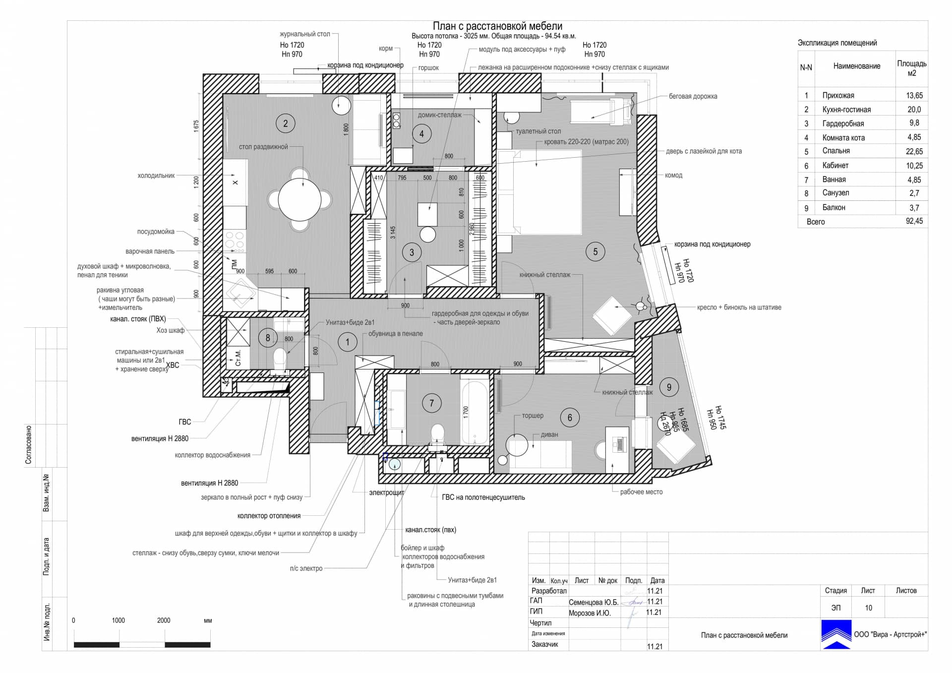 План с расстановкой мебели, квартира 93 м² в ЖК «Фестиваль парк»