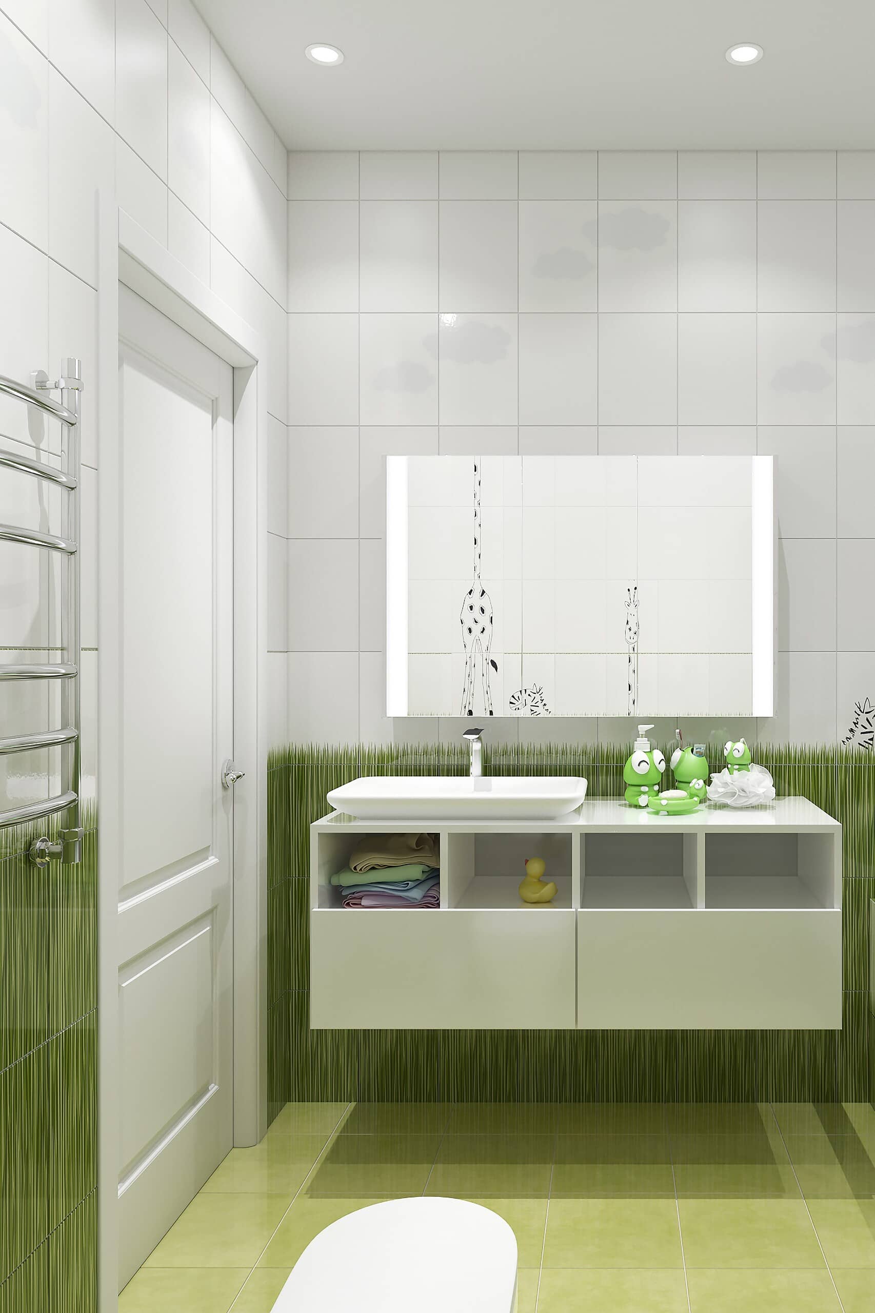 Украшения в ванной комнате светлого зелёного цвета в виде легушечек