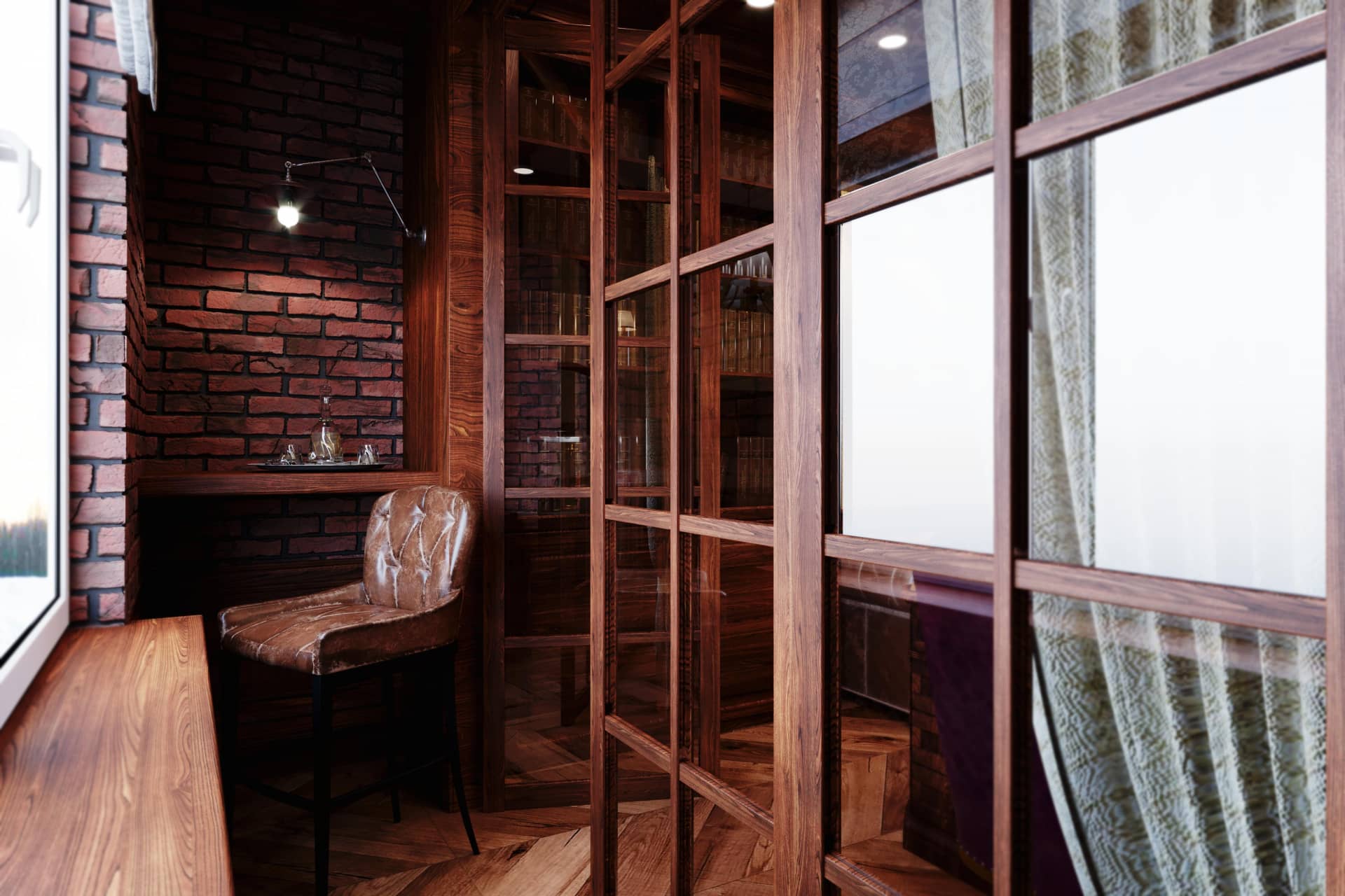Лоджия-бар за стеклянной перегородкой кабинета