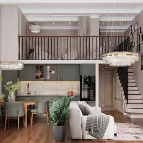 Фотографии кухонь-гостиных. Квартира с мезонином. Дизайн и ремонт квартиры 89м2 ЖК Джаз в современном. Кухня-гостиная.