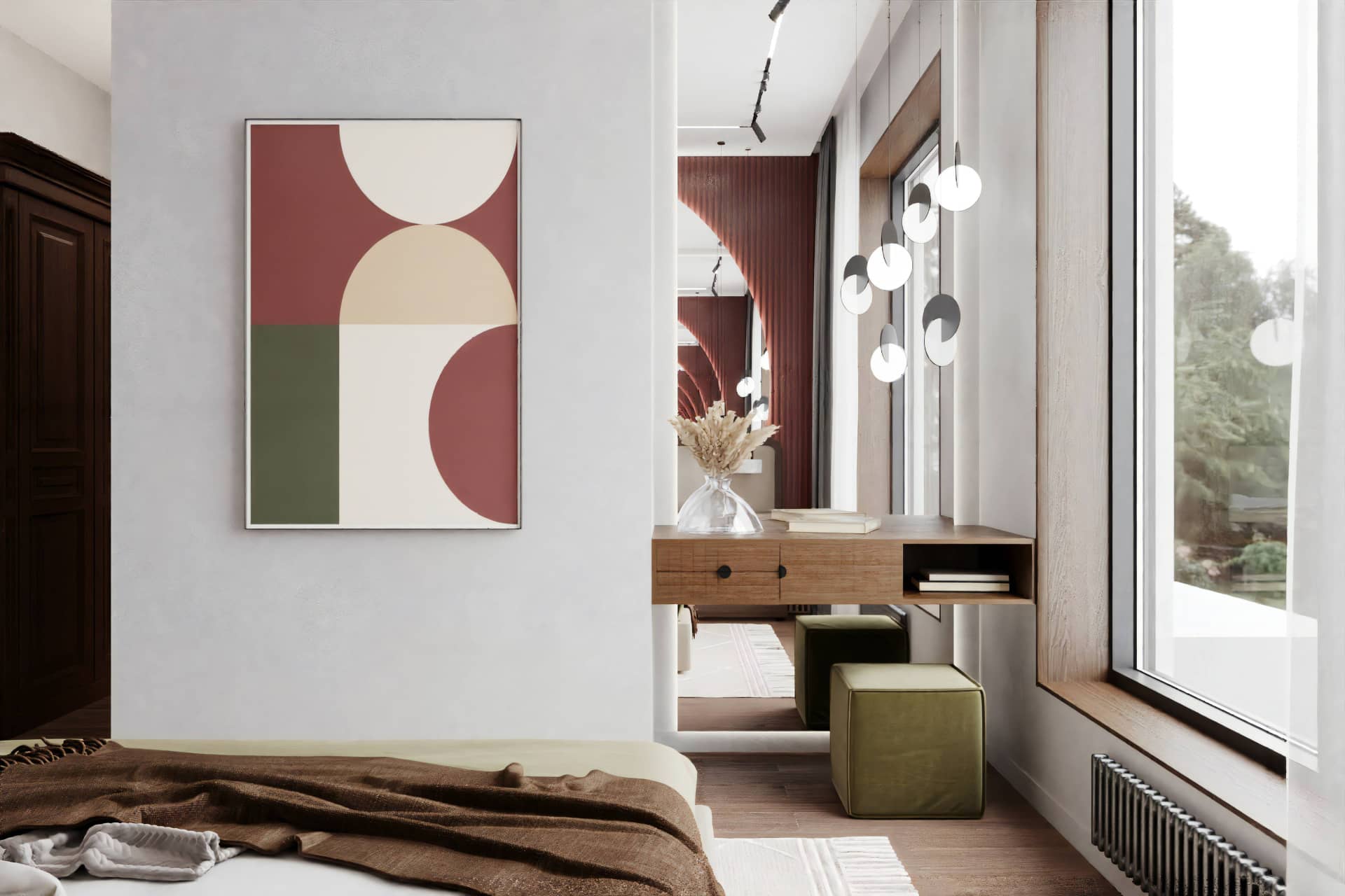 Спальня с бордовыми вставками вносят стиль в общий тоннаж комнаты
