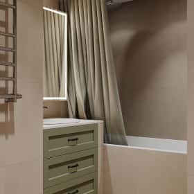 Фотографии ванных комнат. Квартира с мезонином. Дизайн и ремонт квартиры 89м2 ЖК Джаз в современном. Ванная, фото 02.