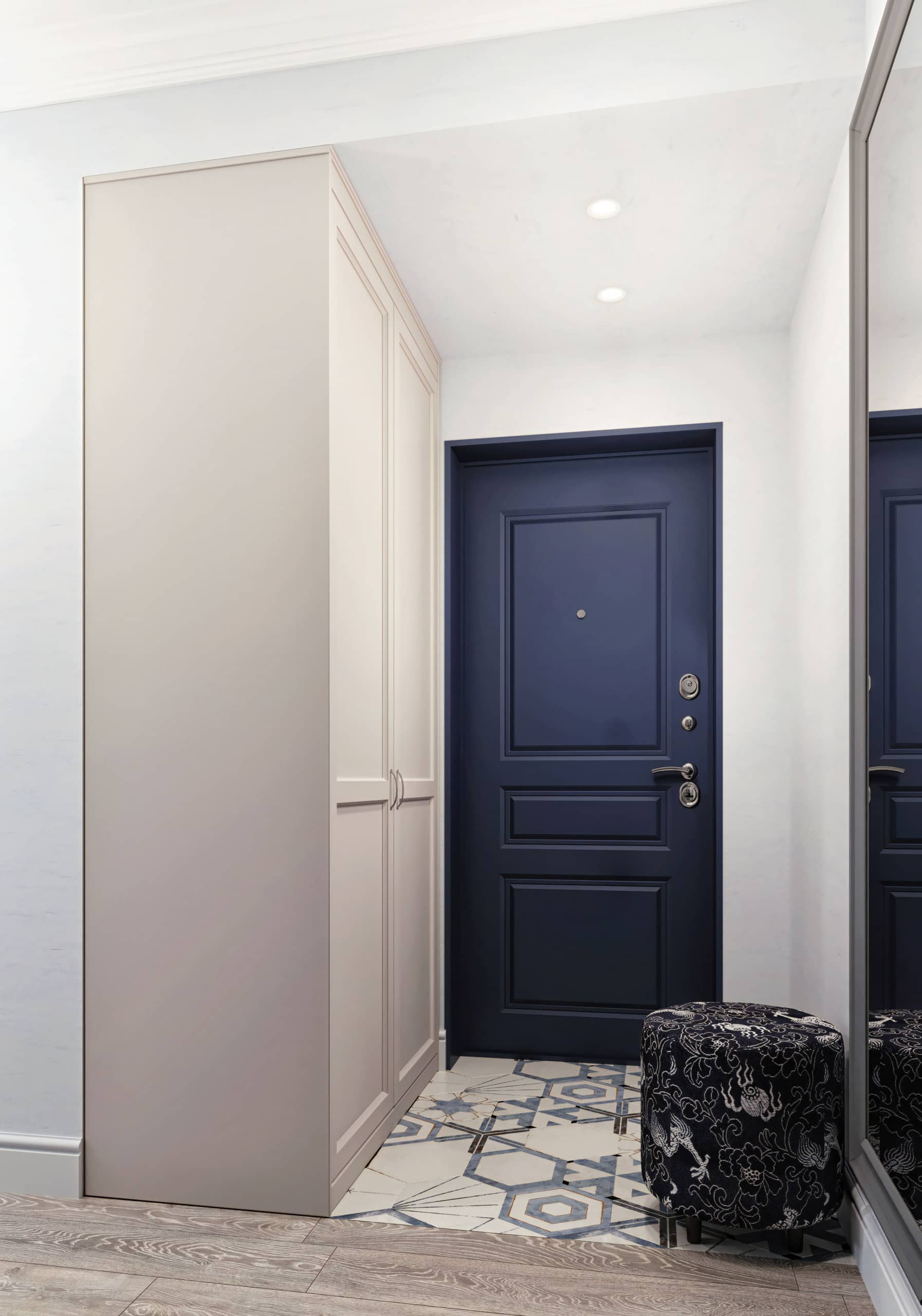 Для контраста в зону прихожей внесли синий цвет в отделке входной двери