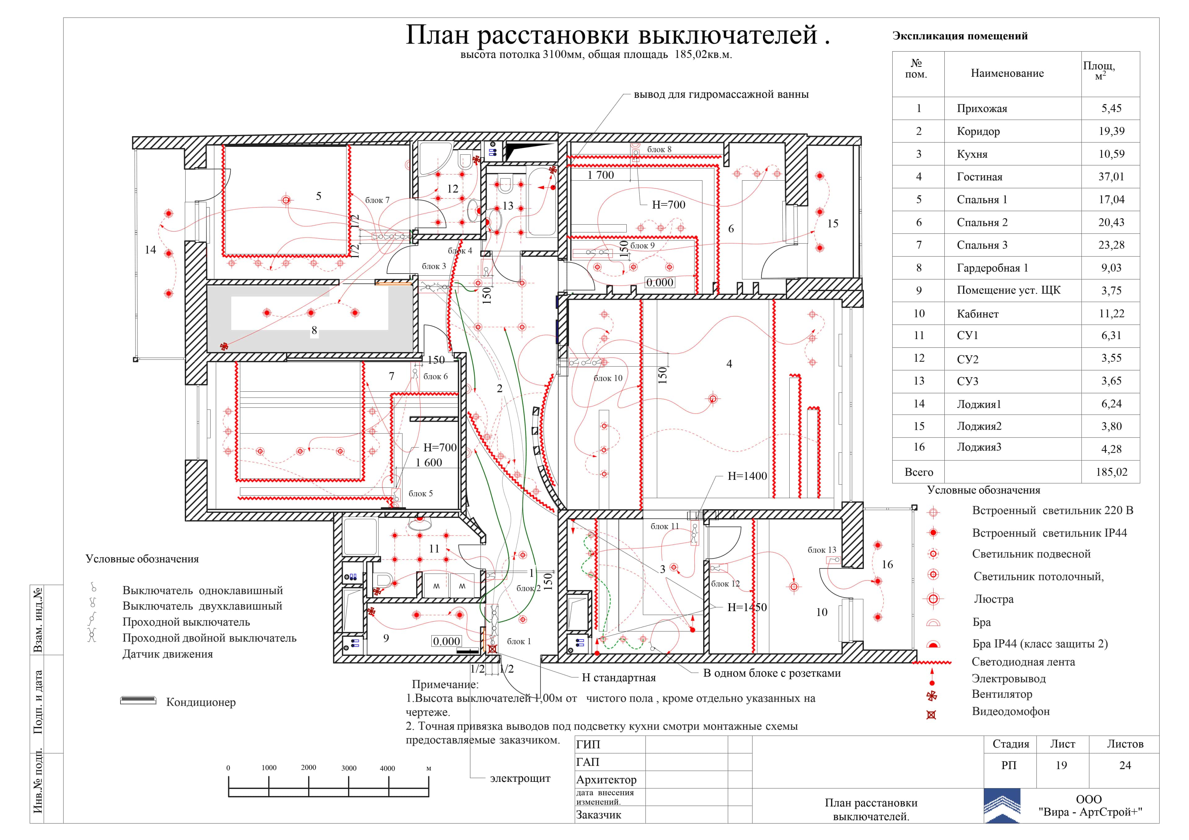 План расстановки выключателей, квартира 191 м² в ЖК «Квартал»