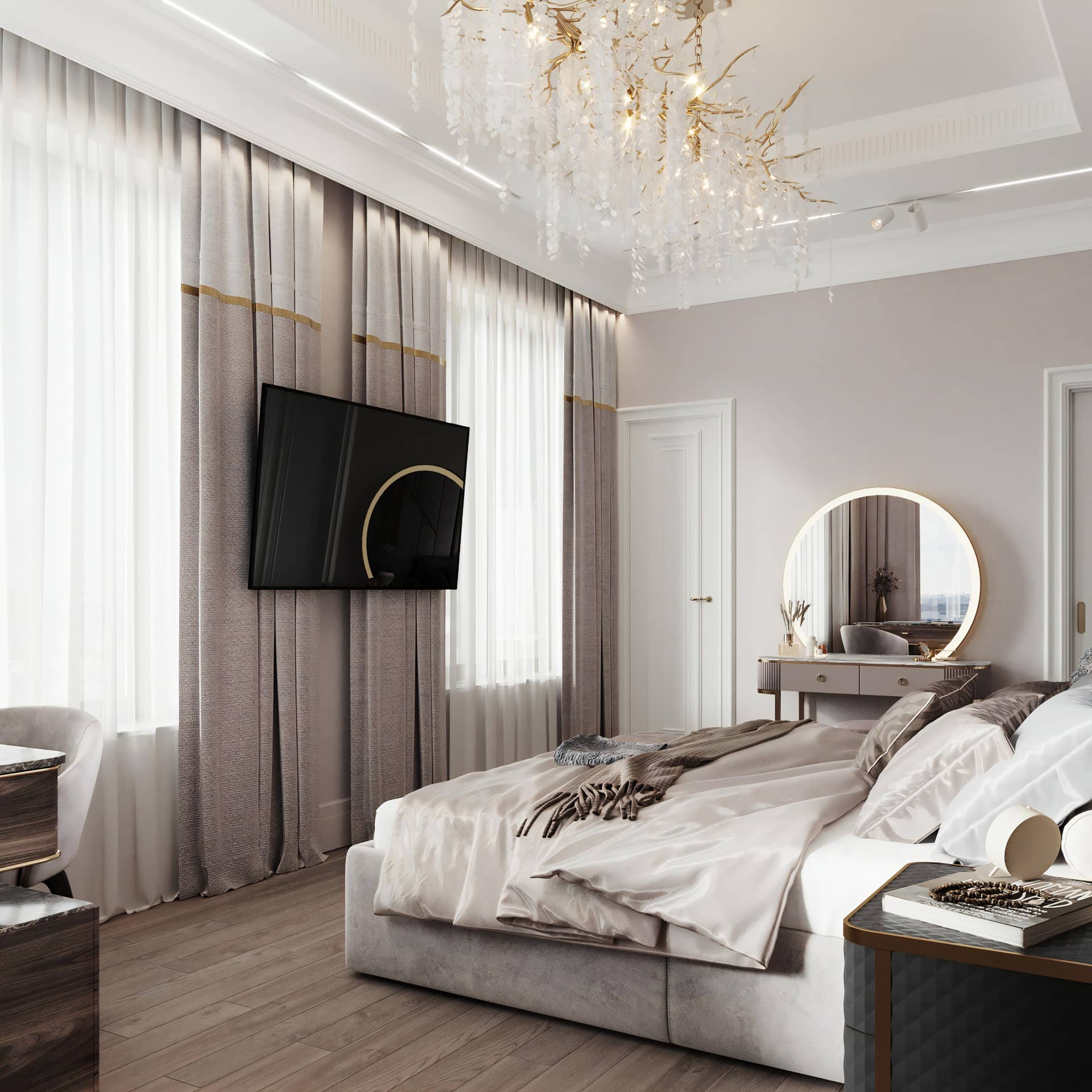 Оформление интерьера спальни в стиле современной классики. Фото № 71419.