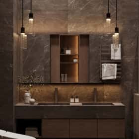 Очарование природы. Дизайн и ремонт загородного дома 116м2 в КП Британика в современном стиле. 2 этаж Ванная комната