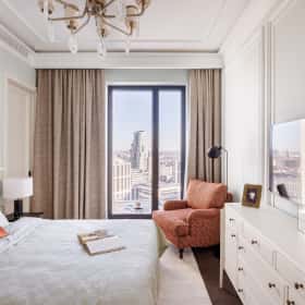 Американская классика. Дизайн и ремонт квартиры 119м2 ЖК Диалог в американском классическом стиле. Спальня 1