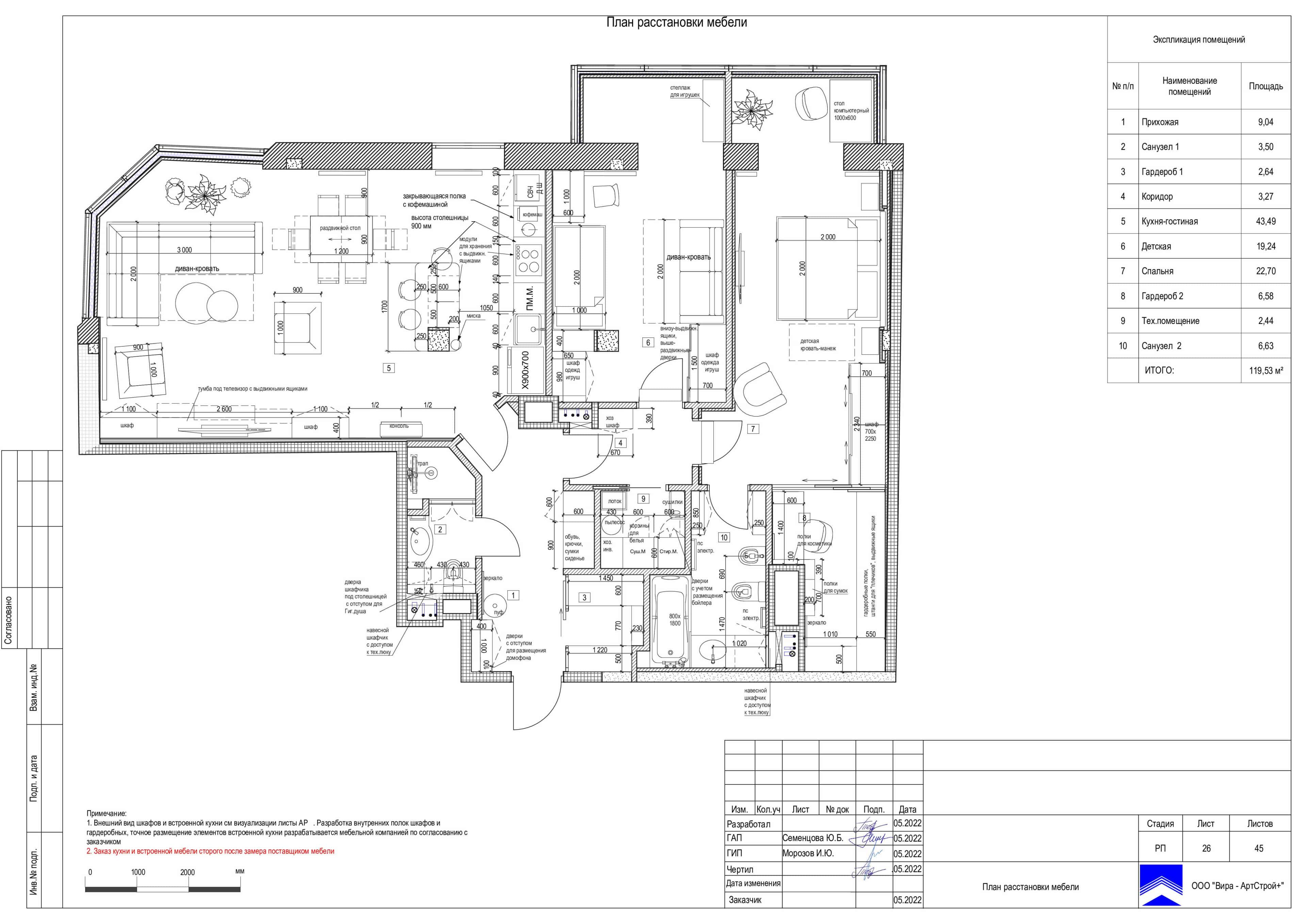 План расстановки мебели, квартира 120 м² в ЖК «Сколков Бор»