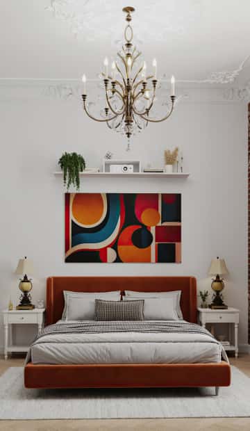 В центре комнаты расположили кровать с парой прикроватных тумб и винтажными лампами