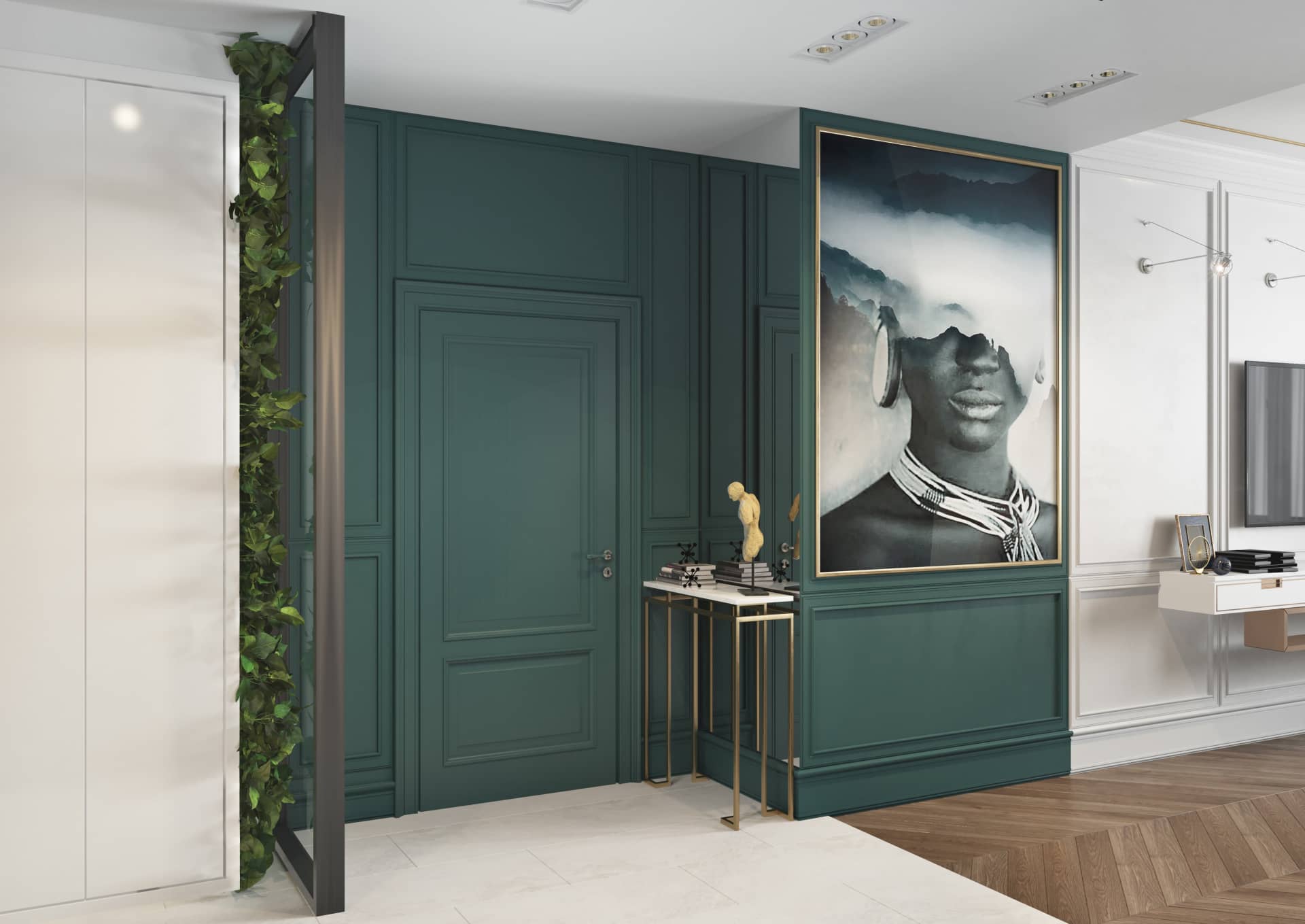 Зелёная матовая стена и дверь в спальне отлично дополняет интерьер