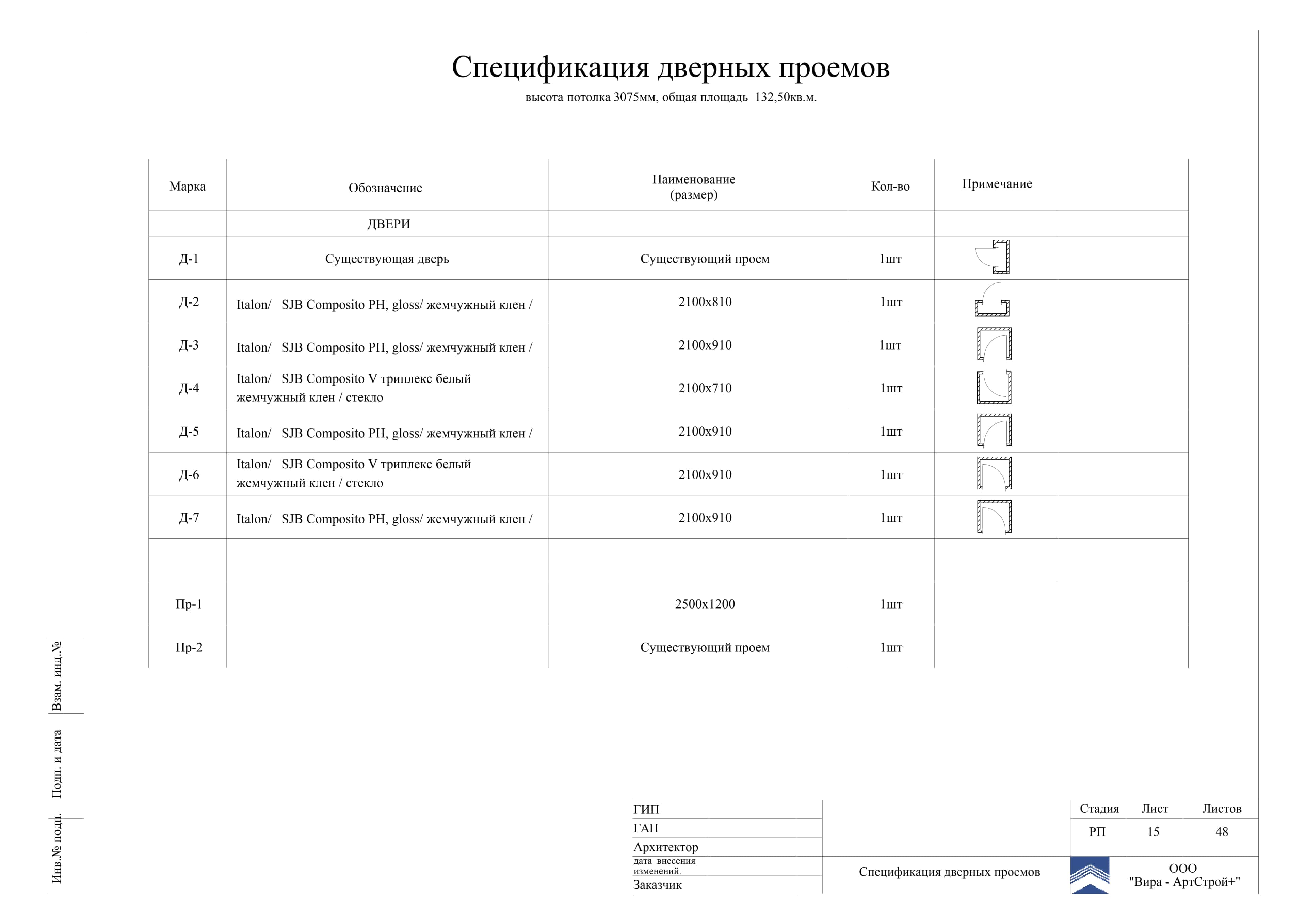 15. Спецификация дверных проемов, квартира 140 м² в ЖК «DOMINION»