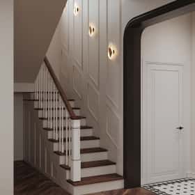 Вариации классики. Дизайн и ремонт дома 177м2 КП Лесная симфония в американском стиле. Лестница и холл 2 этажа