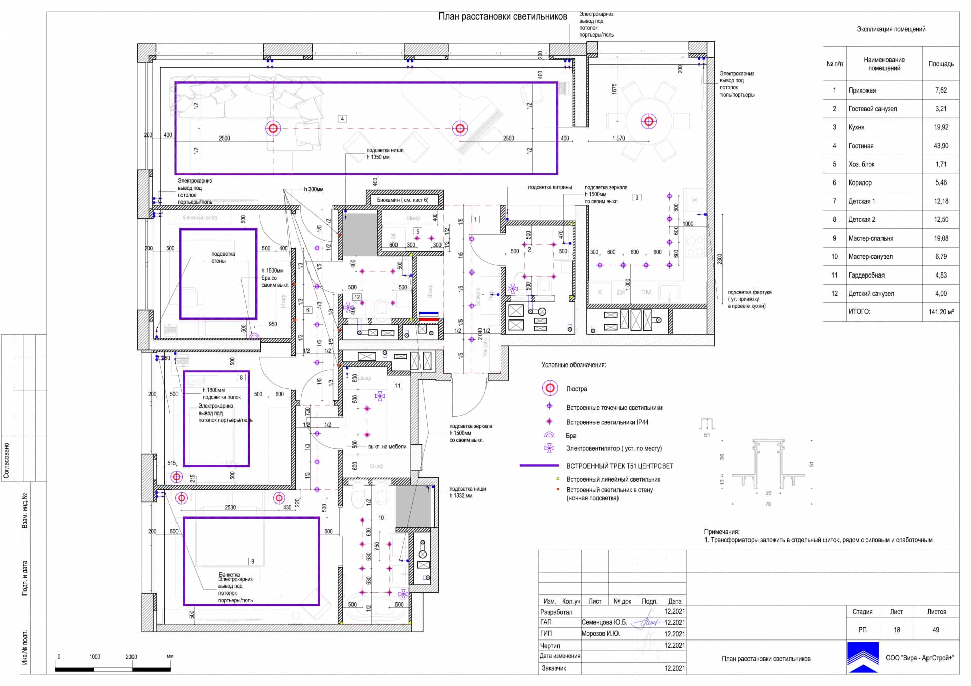 План расстановки светильников, квартира 142 м² в ЖК «Фили Сити»