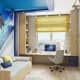 Стена голубого, синего и жёлтого цветов для декора комнаты. Классика интерьера контемпорари в жизни. Фото 031