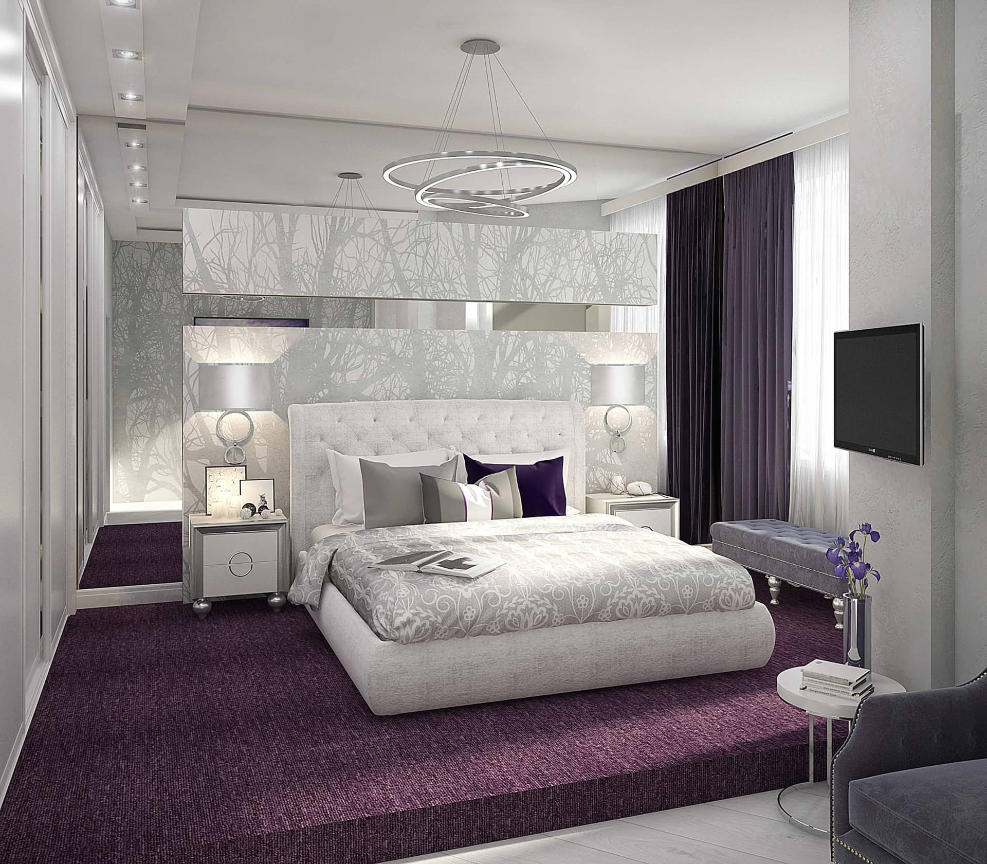 Белая спальня с фиолетовыми вставками