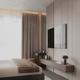 Фотографии спален. Со вкусом кофе. Дизайн и ремонт квартиры 120м2 в ЖК iLove в современном стиле. Спальня, фото 01.