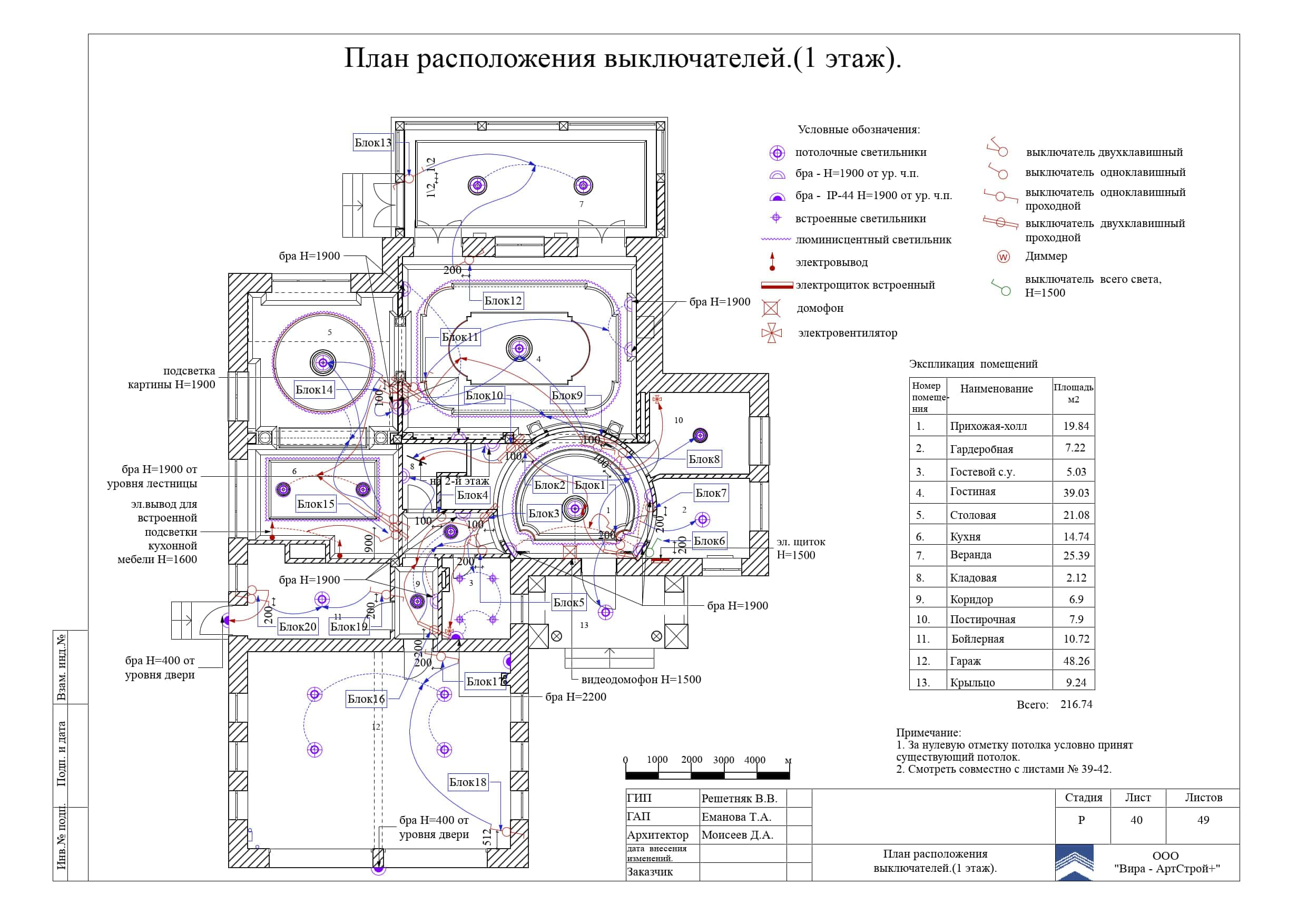 40. План расположения выключателеи, дом 373 м²