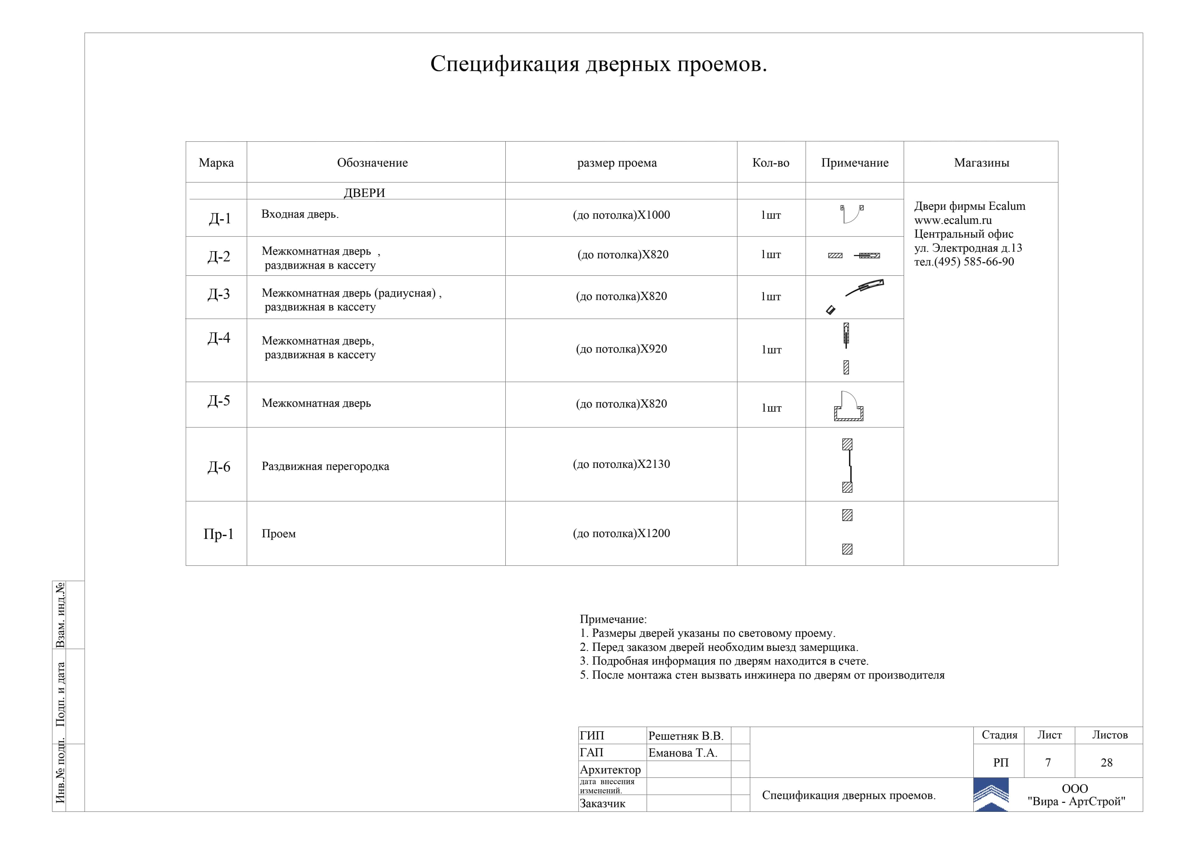 Спецификация дверных проемов, квартира 85 м²