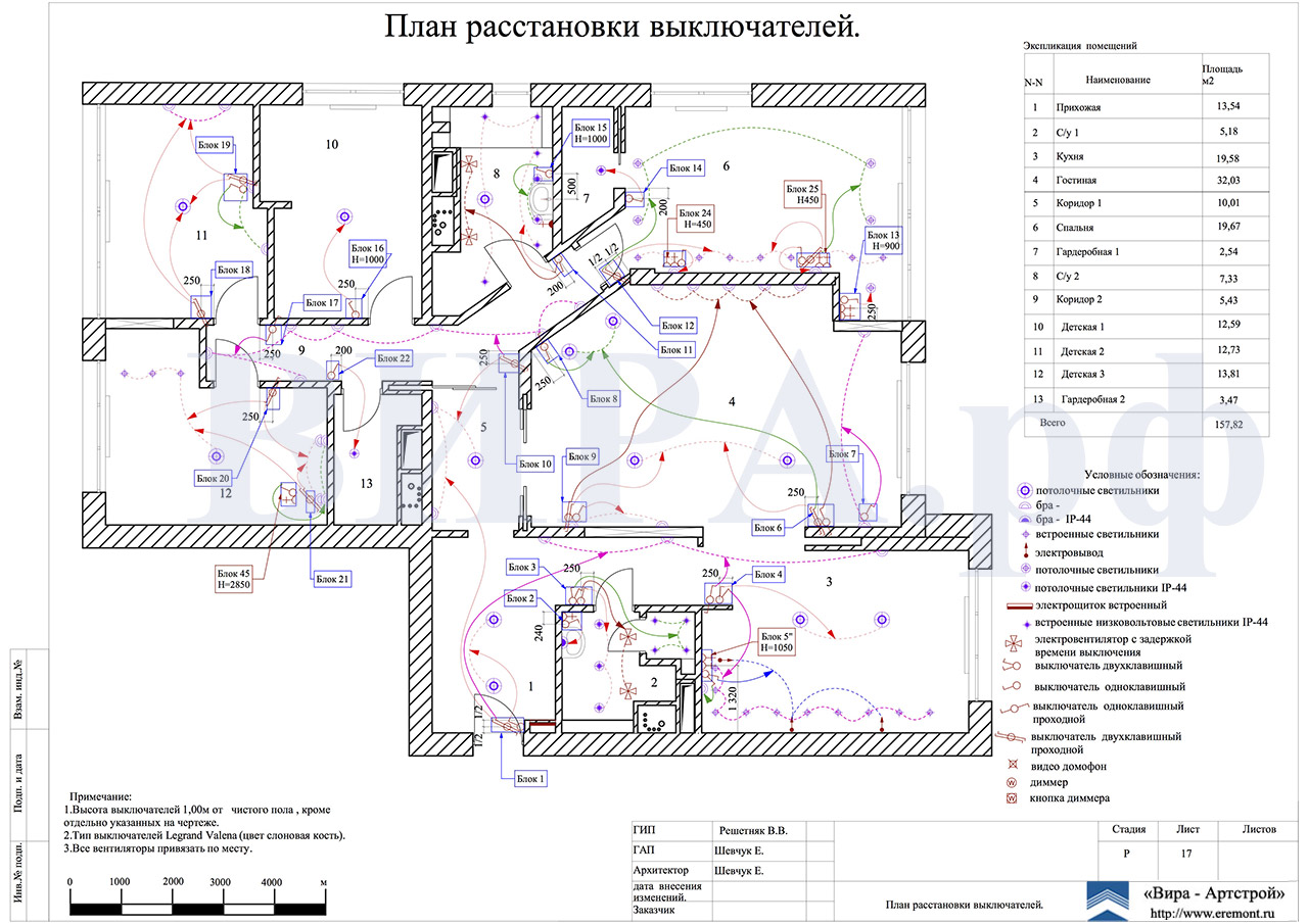 17. План расстановки выключателей, квартира 165 м² в ЖК «Wellton Park»