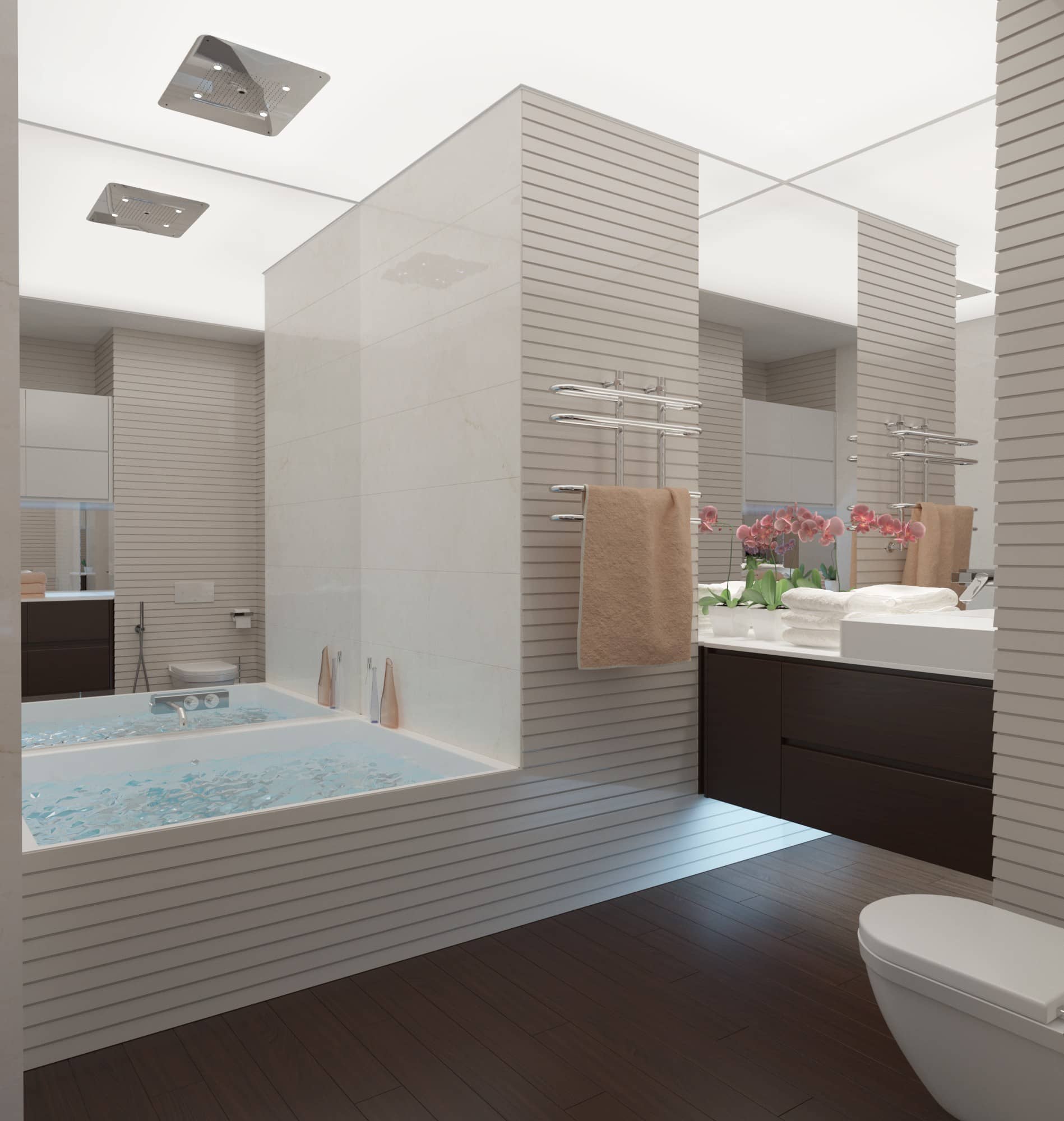 Квадратная ванна встроенная в общий интерьер ванной комнаты