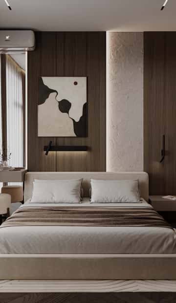 Натуральная палитра. Дизайн и ремонт квартиры 84м2 ЖК Shagal в современном стиле. Мастер-спальня