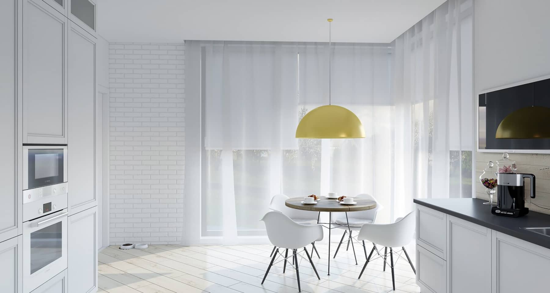 Дизайн столовой зоны в белой кухне частного дома