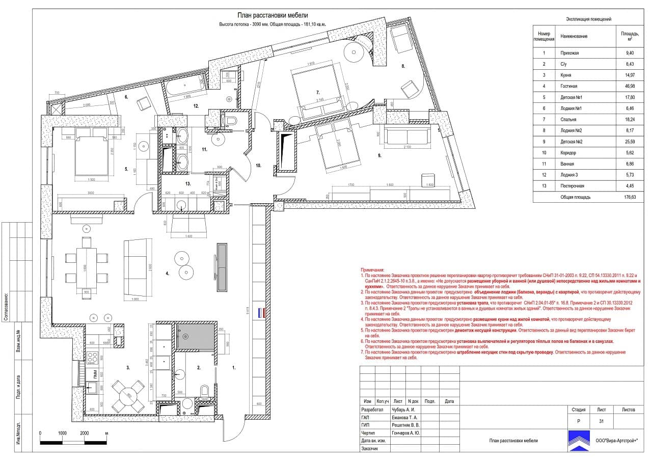 План расстановки мебели, квартира 181 м² в ЖК «Крылатские холмы»