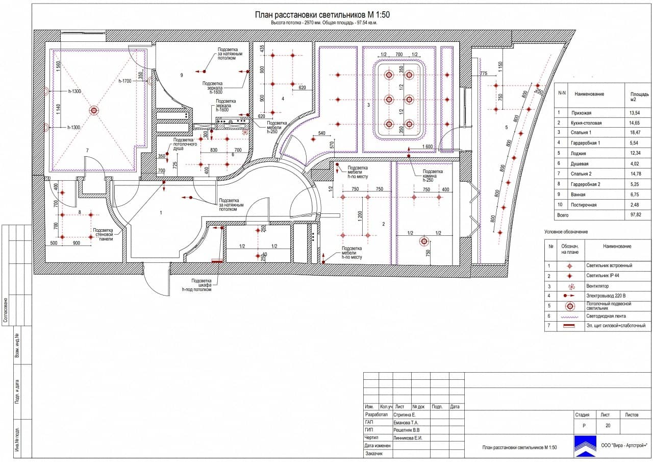 План расстановки светильников, квартира 98 м² в ЖК «Елена»