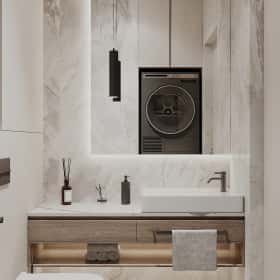 Тёплая гармония. Дизайн и ремонт квартиры 69м2 ЖК Большая семерка в современном стиле. Санузел малый