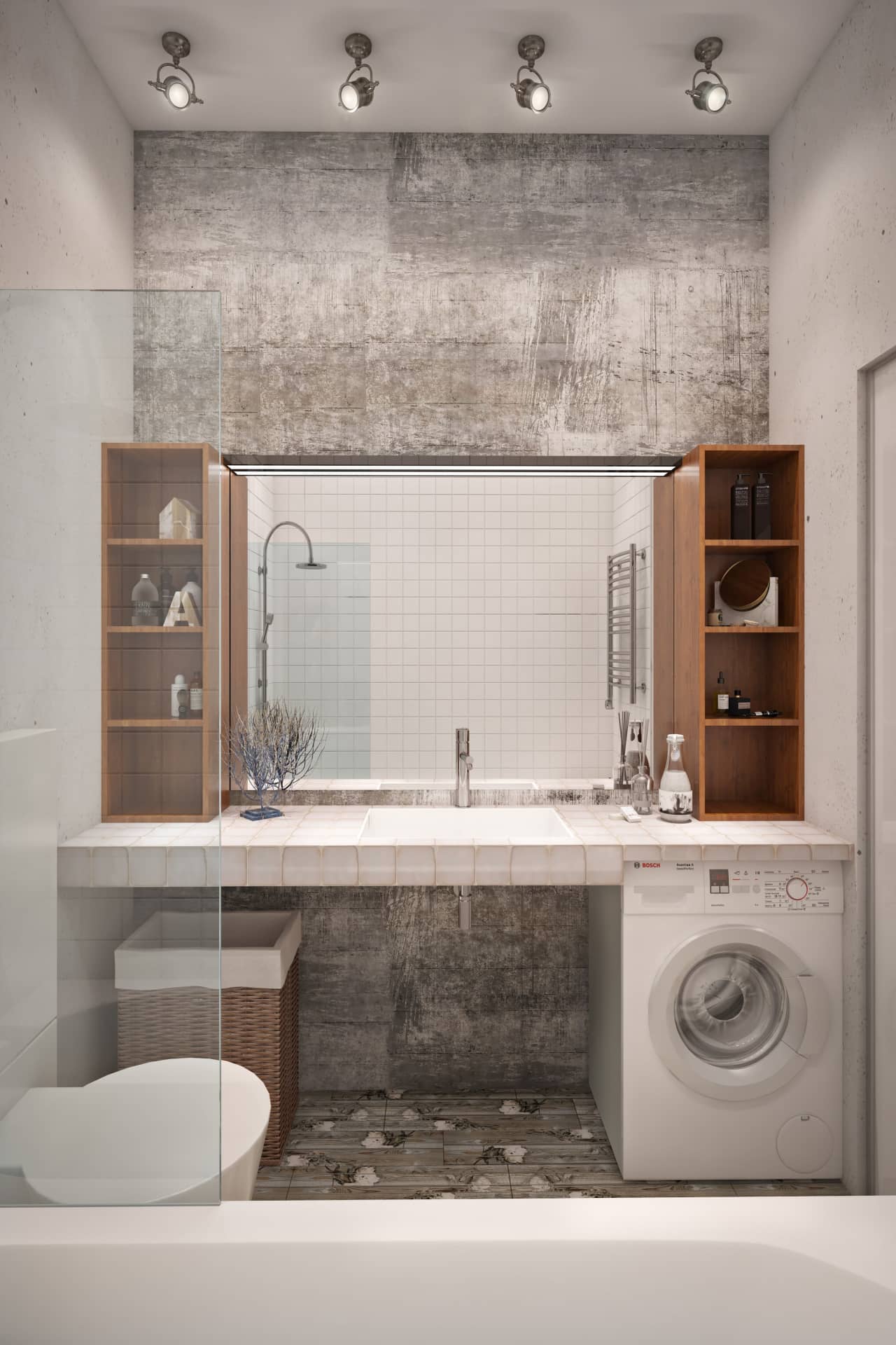 Дизайн монохромной ванной в двухкомнатной квартире в стиле лофт