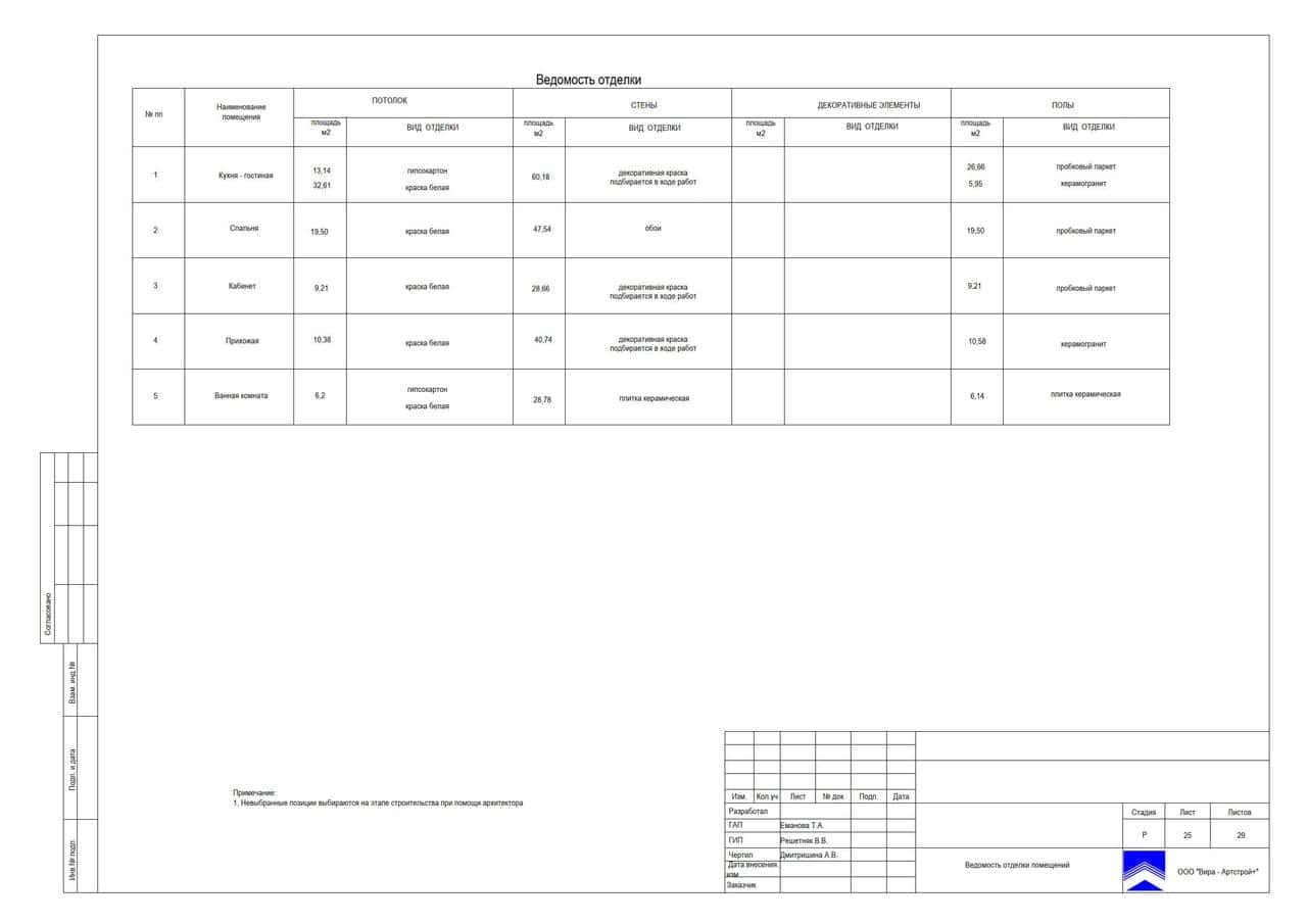 Ведомость отделки помещений, квартира 73 м²
