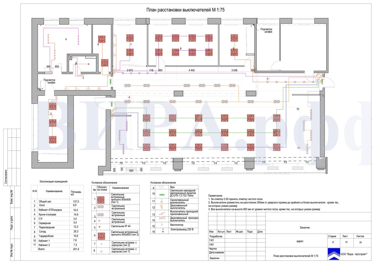 План расположения выключателей, нежилое помещение 240 м²