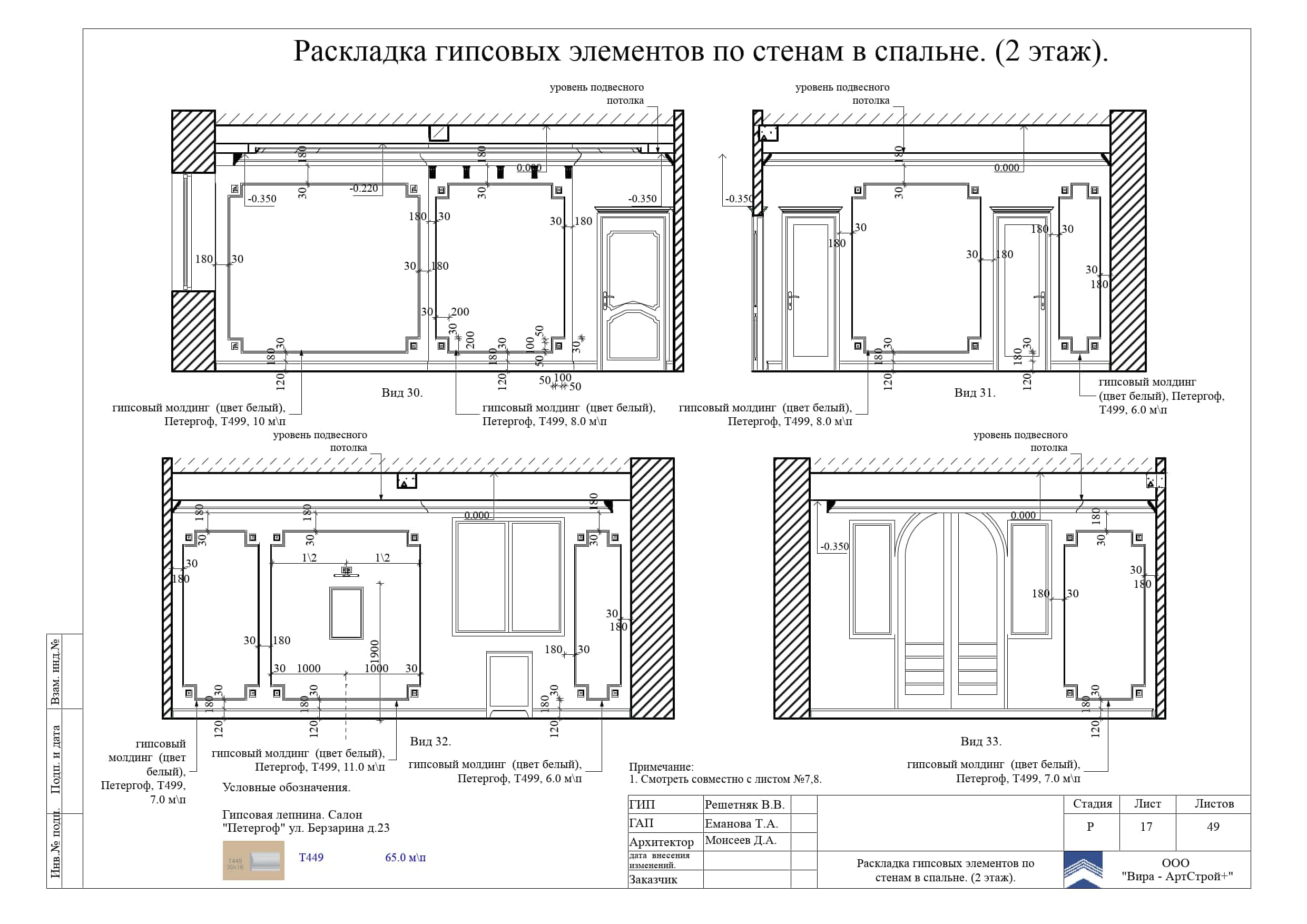 17. Раскладка гипсовых элементов по стенам в спальне, дом 373 м²