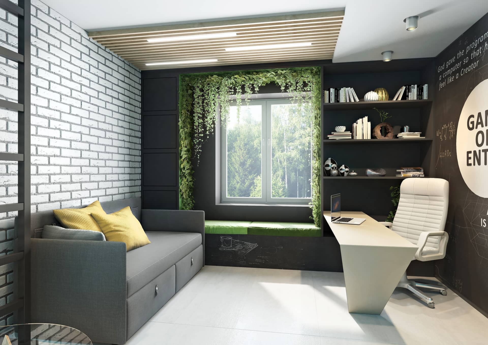 Ниша-балкончик с искусственной зеленью для создания уюта в кабинете