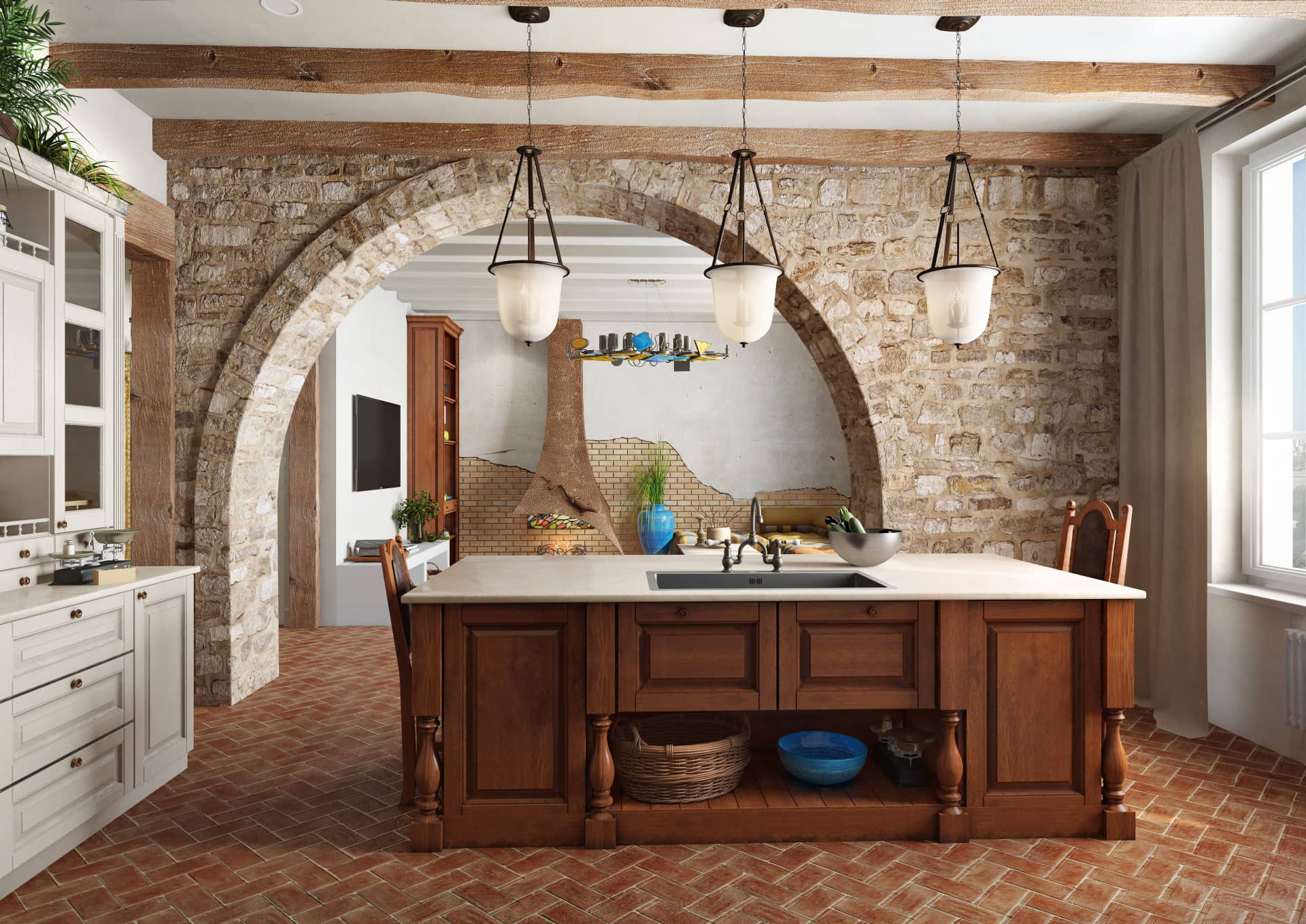 Островок в кухне сделан из вишневой древесины