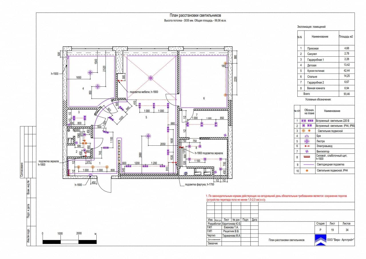 План расстановки светильников, квартира 93 м² в ЖК «Триколор»