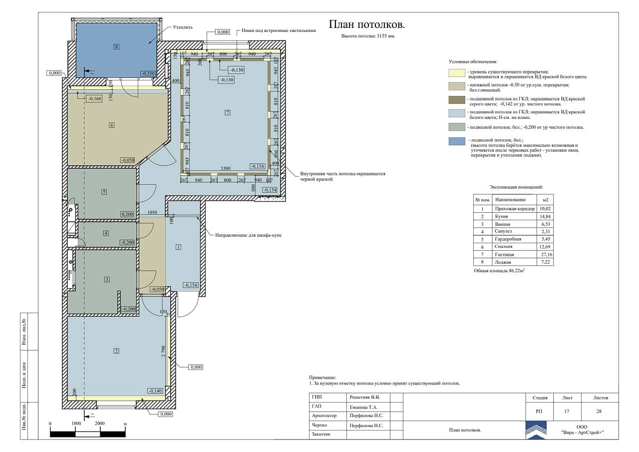 План потолка, квартира 90 м² в ЖК «Изумрудный»