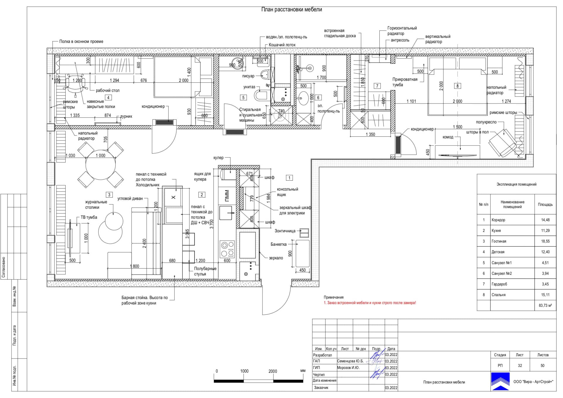 План расстановки мебели, квартира 84 м² в ЖК «Хорошёвский»