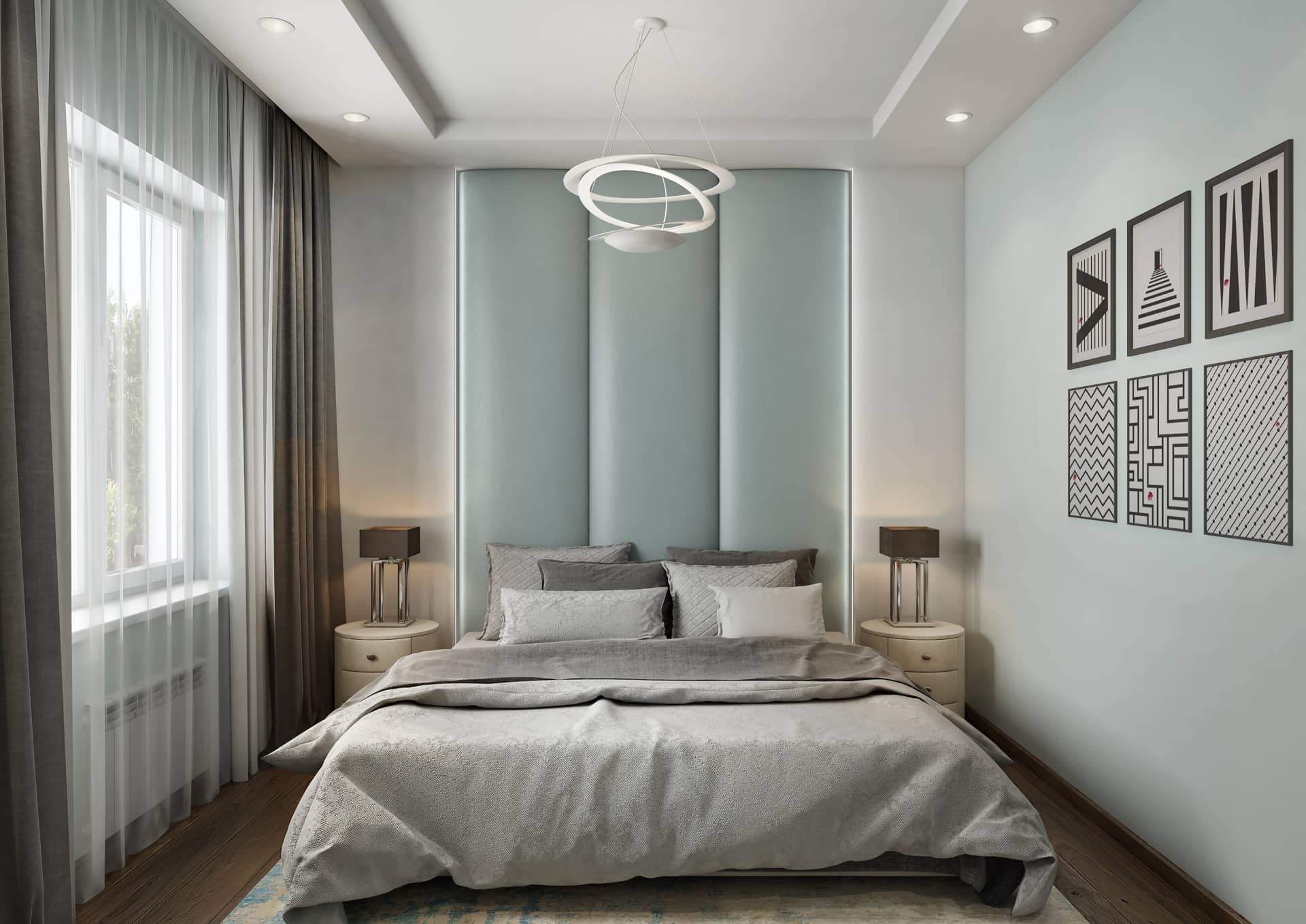 Спинка кровати из трех узких панелей светло-голубого цвета из кожи в современном стиле