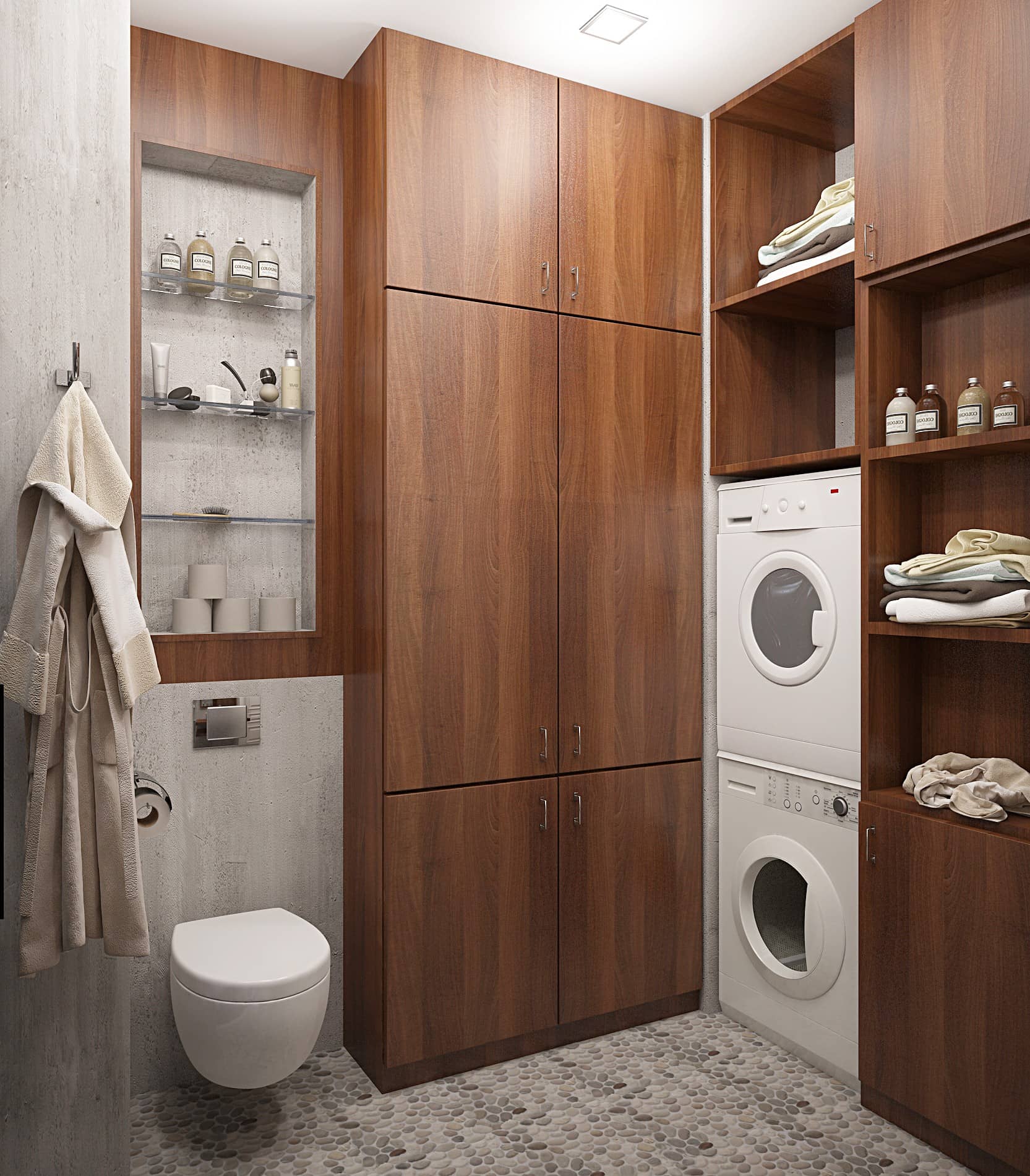 Шкафы в ванной комнате сделаны из орехового дерева