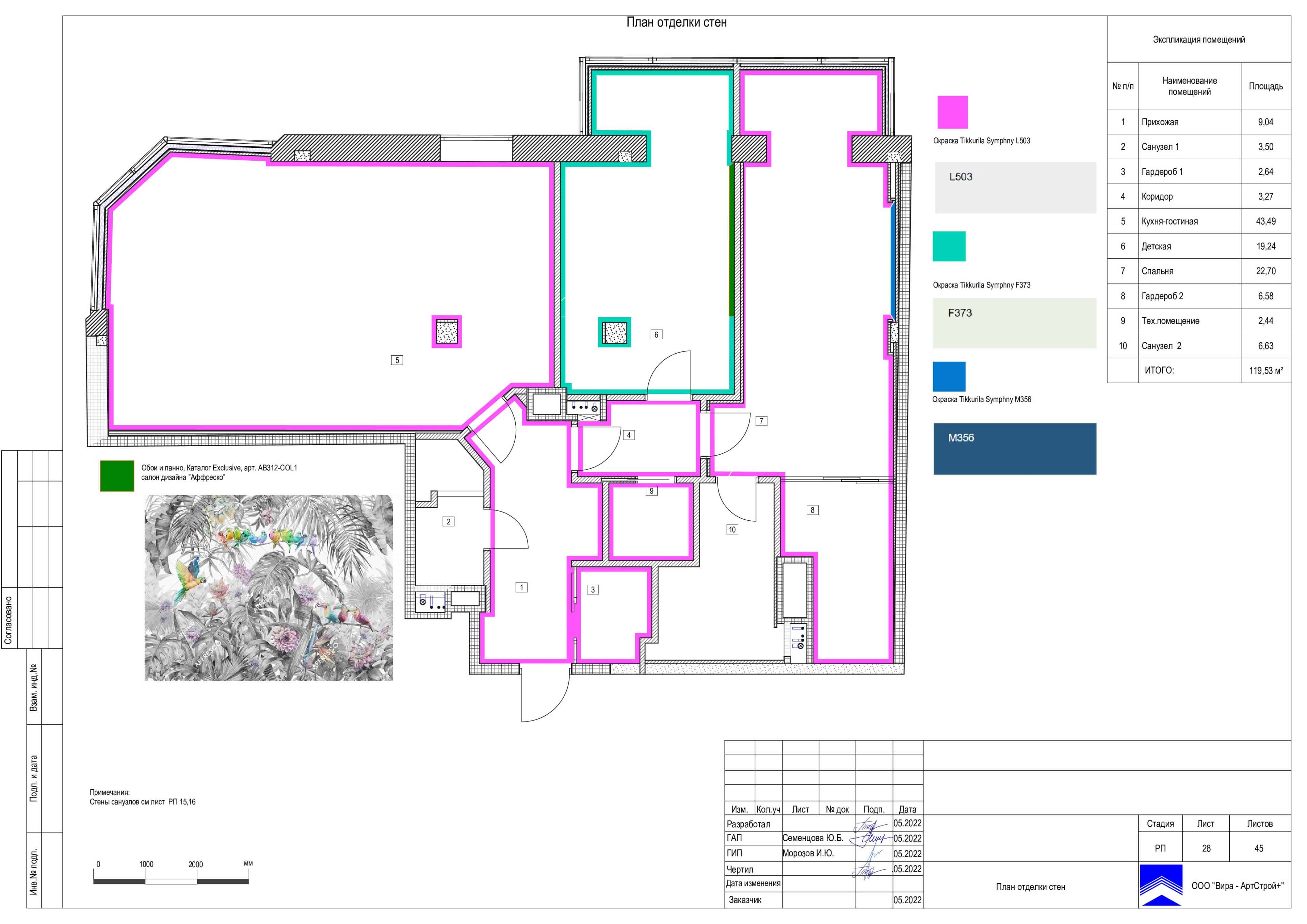 План отделки стен, квартира 120 м² в ЖК «Сколков Бор»