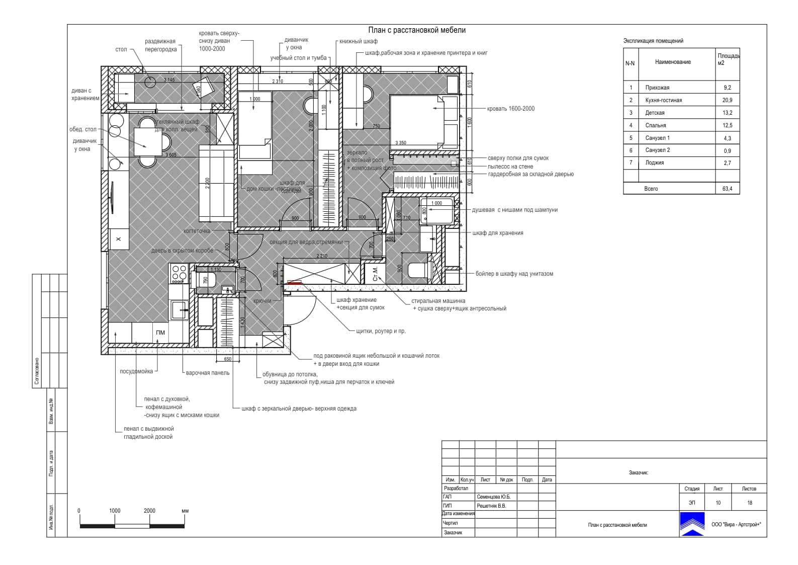 План расстановки мебели, квартира 61 м² в ЖК «Хилл-8»