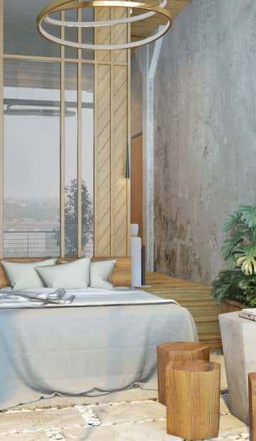 Стеклянные панели на фоне орехового дерева в качестве изголовья для кровати