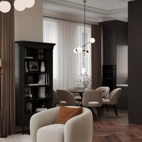 Вариации классики. Дизайн и ремонт дома 177м2 КП Лесная симфония в американском стиле. 1 этаж Кухня-гостиная, фото 08