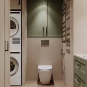 Фотографии ванных комнат. Квартира с мезонином. Дизайн и ремонт квартиры 89м2 ЖК Джаз в современном. Ванная, фото 01.