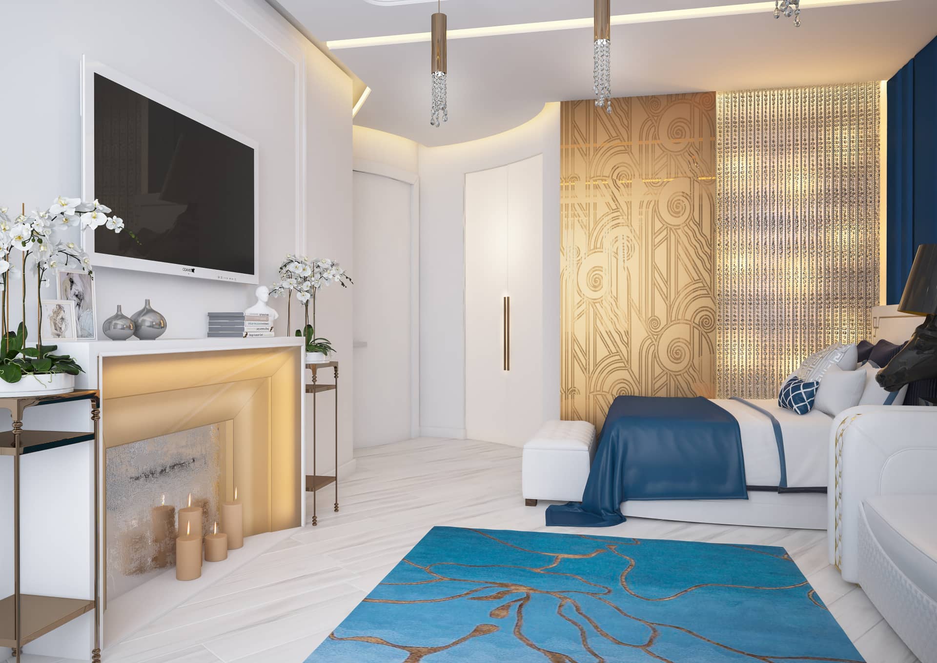 Стены с золотистым узором для комнаты в стиле арт-деко