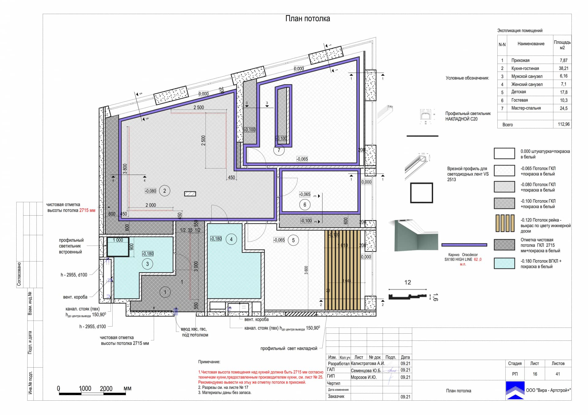 План потолка, квартира 114 м² в ЖК «Wellton Park»