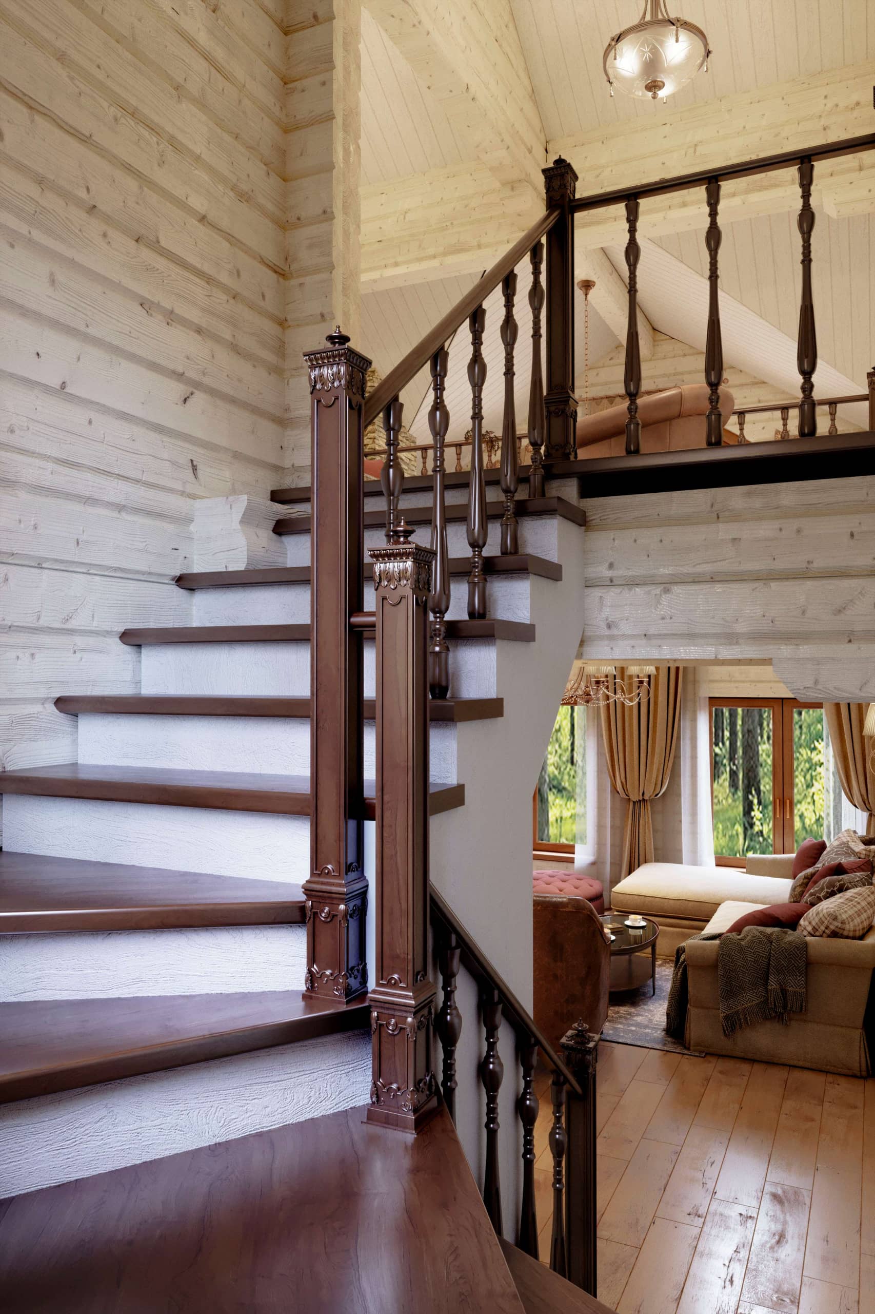 Деревянная лестница с белыми подступенками